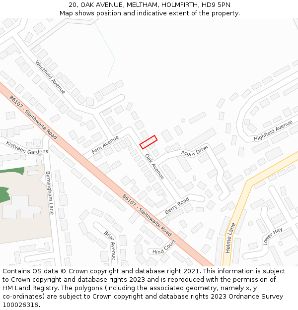 20, OAK AVENUE, MELTHAM, HOLMFIRTH, HD9 5PN: Location map and indicative extent of plot