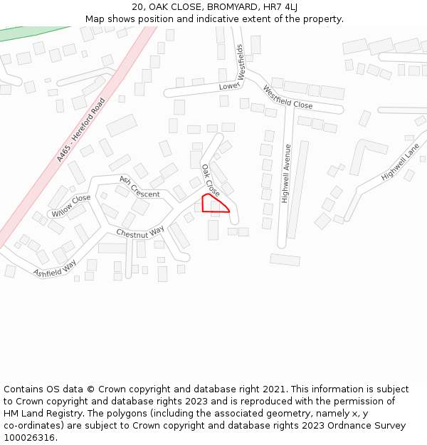 20, OAK CLOSE, BROMYARD, HR7 4LJ: Location map and indicative extent of plot