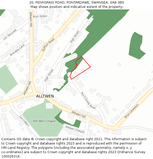 20, PENYGRAIG ROAD, PONTARDAWE, SWANSEA, SA8 3BS: Location map and indicative extent of plot