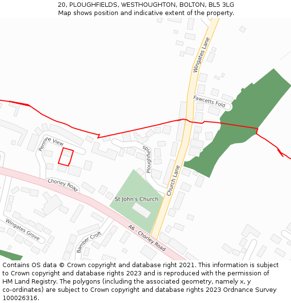 20, PLOUGHFIELDS, WESTHOUGHTON, BOLTON, BL5 3LG: Location map and indicative extent of plot