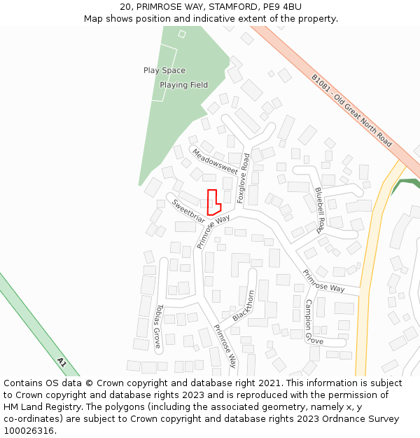 20, PRIMROSE WAY, STAMFORD, PE9 4BU: Location map and indicative extent of plot