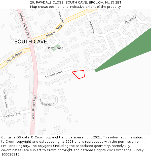 20, RAWDALE CLOSE, SOUTH CAVE, BROUGH, HU15 2BT: Location map and indicative extent of plot