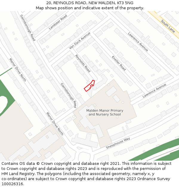 20, REYNOLDS ROAD, NEW MALDEN, KT3 5NG: Location map and indicative extent of plot