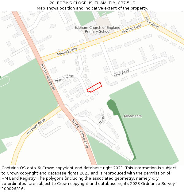 20, ROBINS CLOSE, ISLEHAM, ELY, CB7 5US: Location map and indicative extent of plot