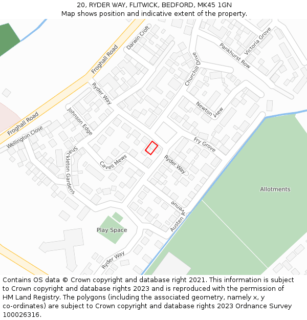 20, RYDER WAY, FLITWICK, BEDFORD, MK45 1GN: Location map and indicative extent of plot