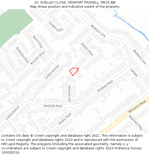 20, SHELLEY CLOSE, NEWPORT PAGNELL, MK16 8JB: Location map and indicative extent of plot