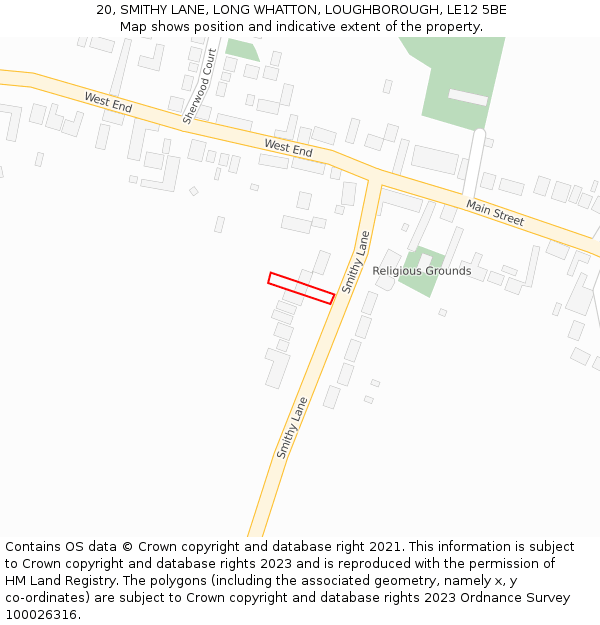 20, SMITHY LANE, LONG WHATTON, LOUGHBOROUGH, LE12 5BE: Location map and indicative extent of plot