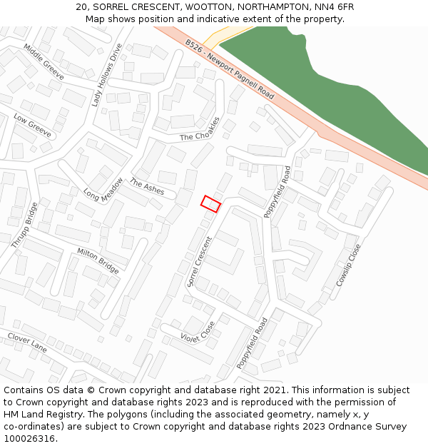 20, SORREL CRESCENT, WOOTTON, NORTHAMPTON, NN4 6FR: Location map and indicative extent of plot