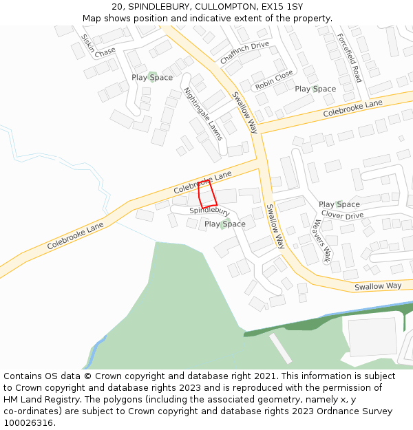 20, SPINDLEBURY, CULLOMPTON, EX15 1SY: Location map and indicative extent of plot