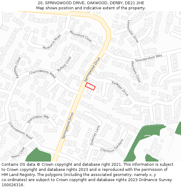 20, SPRINGWOOD DRIVE, OAKWOOD, DERBY, DE21 2HE: Location map and indicative extent of plot