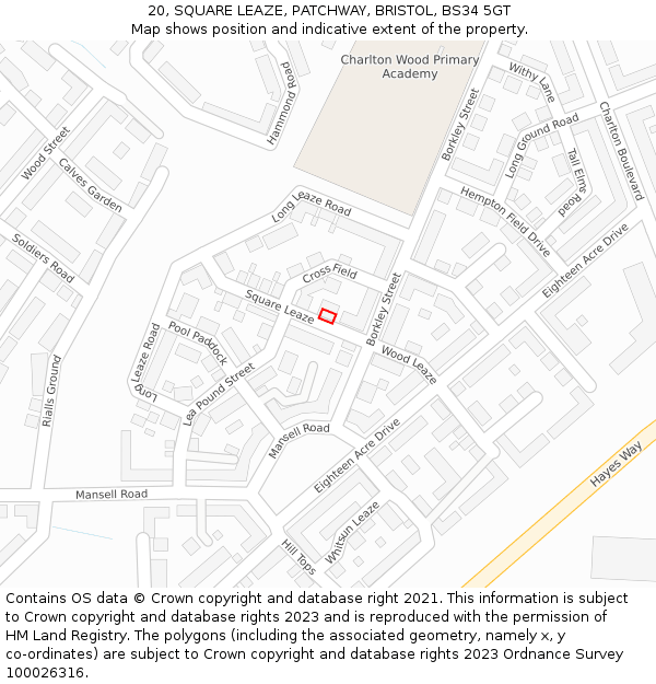 20, SQUARE LEAZE, PATCHWAY, BRISTOL, BS34 5GT: Location map and indicative extent of plot