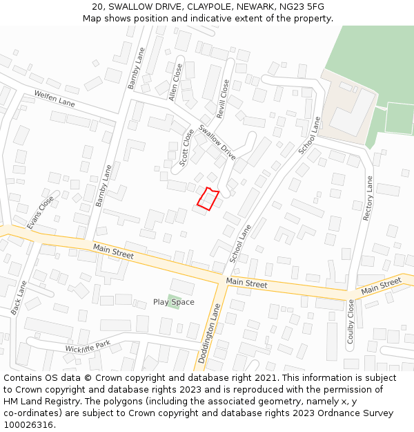 20, SWALLOW DRIVE, CLAYPOLE, NEWARK, NG23 5FG: Location map and indicative extent of plot