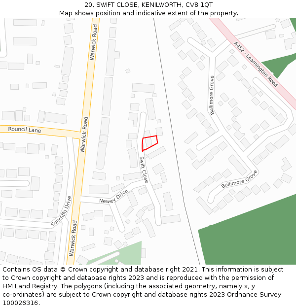 20, SWIFT CLOSE, KENILWORTH, CV8 1QT: Location map and indicative extent of plot