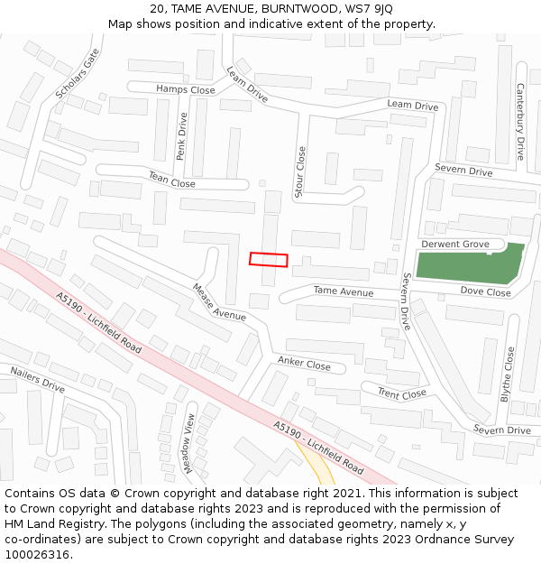 20, TAME AVENUE, BURNTWOOD, WS7 9JQ: Location map and indicative extent of plot