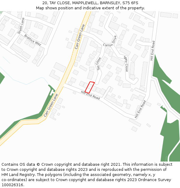 20, TAY CLOSE, MAPPLEWELL, BARNSLEY, S75 6FS: Location map and indicative extent of plot