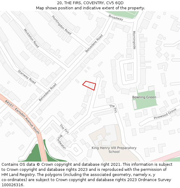 20, THE FIRS, COVENTRY, CV5 6QD: Location map and indicative extent of plot