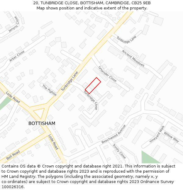 20, TUNBRIDGE CLOSE, BOTTISHAM, CAMBRIDGE, CB25 9EB: Location map and indicative extent of plot