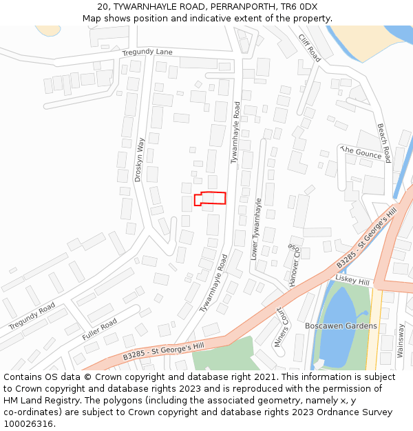 20, TYWARNHAYLE ROAD, PERRANPORTH, TR6 0DX: Location map and indicative extent of plot