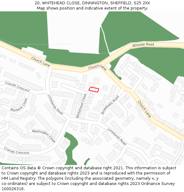 20, WHITEHEAD CLOSE, DINNINGTON, SHEFFIELD, S25 2XX: Location map and indicative extent of plot