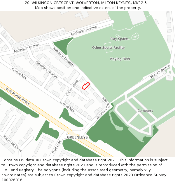 20, WILKINSON CRESCENT, WOLVERTON, MILTON KEYNES, MK12 5LL: Location map and indicative extent of plot