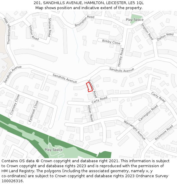 201, SANDHILLS AVENUE, HAMILTON, LEICESTER, LE5 1QL: Location map and indicative extent of plot