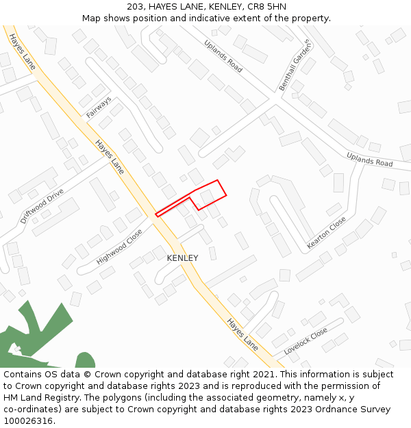 203, HAYES LANE, KENLEY, CR8 5HN: Location map and indicative extent of plot