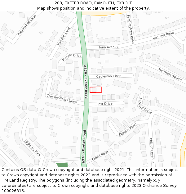 208, EXETER ROAD, EXMOUTH, EX8 3LT: Location map and indicative extent of plot