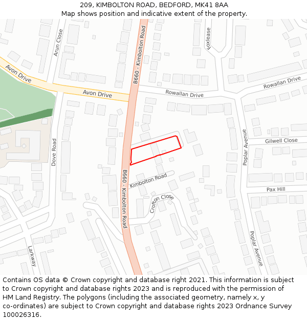 209, KIMBOLTON ROAD, BEDFORD, MK41 8AA: Location map and indicative extent of plot