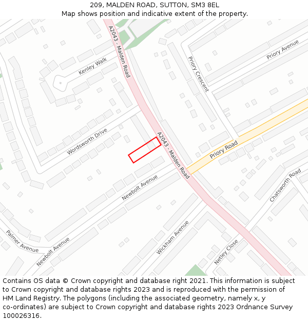 209, MALDEN ROAD, SUTTON, SM3 8EL: Location map and indicative extent of plot