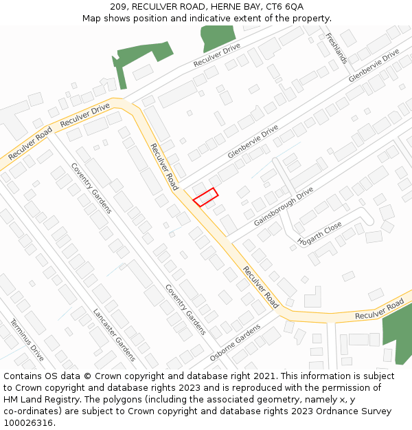 209, RECULVER ROAD, HERNE BAY, CT6 6QA: Location map and indicative extent of plot