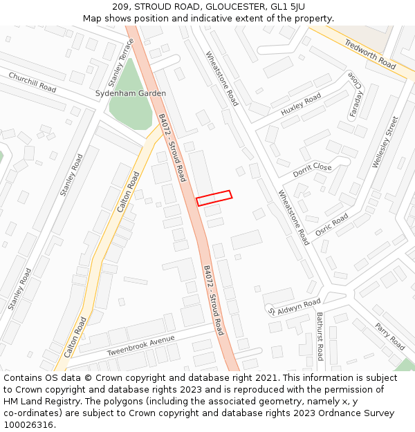 209, STROUD ROAD, GLOUCESTER, GL1 5JU: Location map and indicative extent of plot