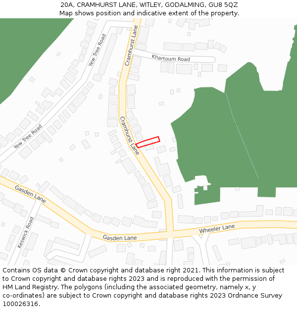 20A, CRAMHURST LANE, WITLEY, GODALMING, GU8 5QZ: Location map and indicative extent of plot