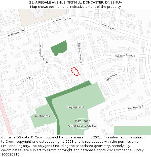 21, AIREDALE AVENUE, TICKHILL, DONCASTER, DN11 9UH: Location map and indicative extent of plot