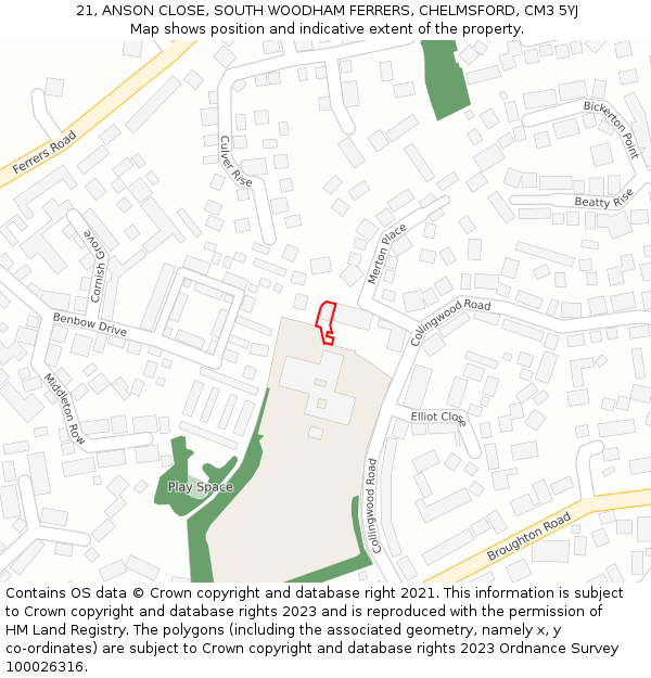 21, ANSON CLOSE, SOUTH WOODHAM FERRERS, CHELMSFORD, CM3 5YJ: Location map and indicative extent of plot