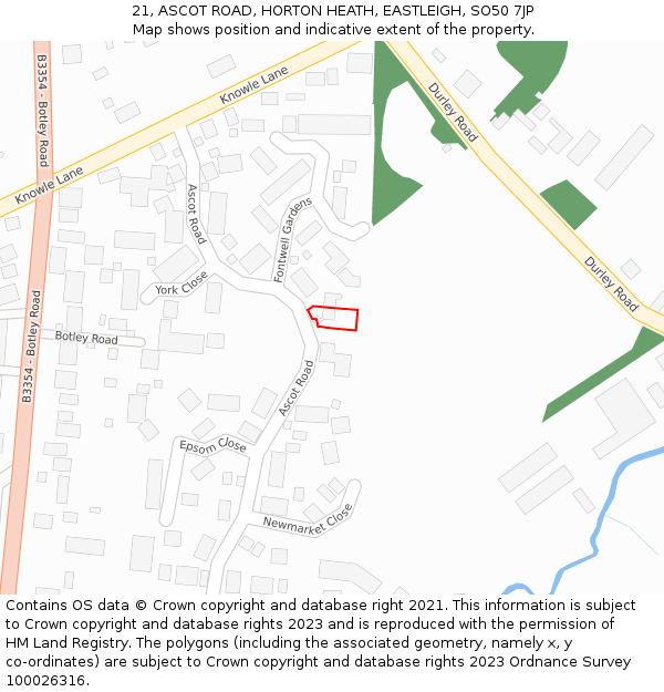 21, ASCOT ROAD, HORTON HEATH, EASTLEIGH, SO50 7JP: Location map and indicative extent of plot