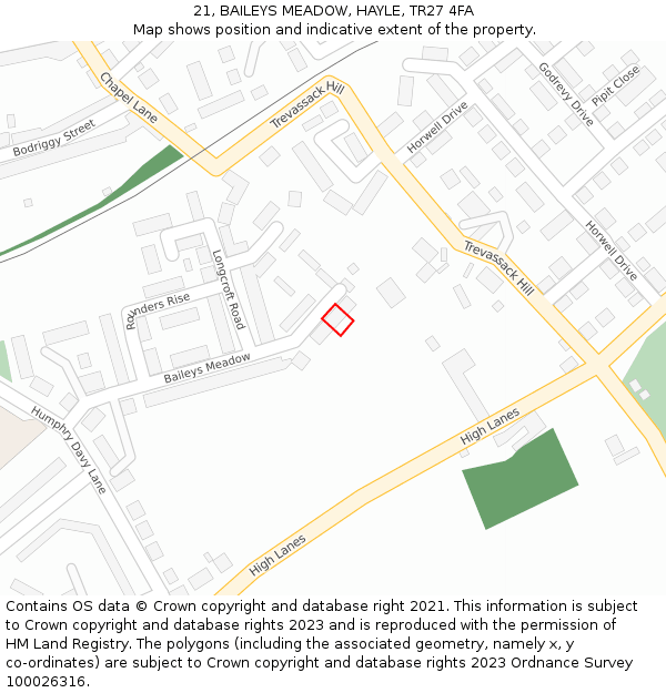 21, BAILEYS MEADOW, HAYLE, TR27 4FA: Location map and indicative extent of plot