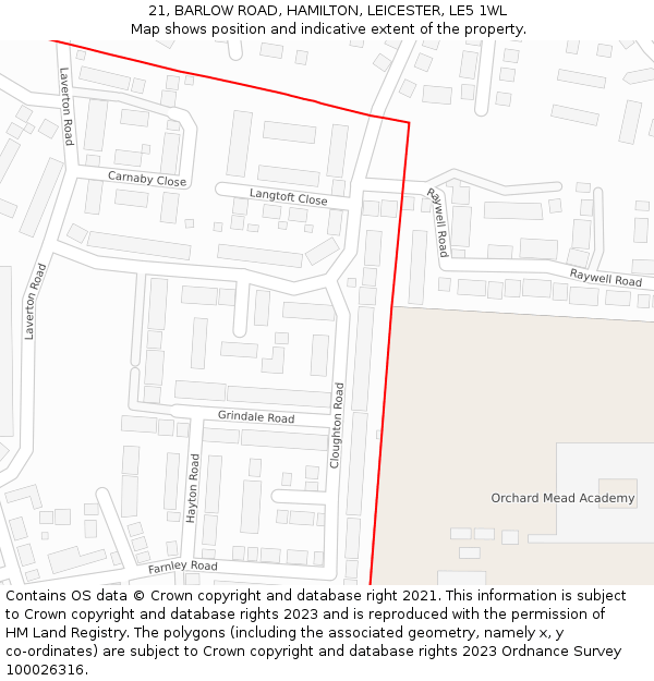 21, BARLOW ROAD, HAMILTON, LEICESTER, LE5 1WL: Location map and indicative extent of plot