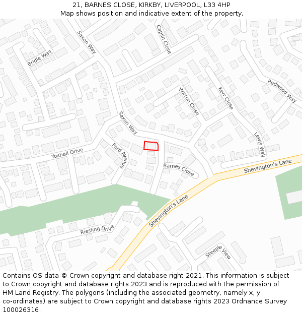 21, BARNES CLOSE, KIRKBY, LIVERPOOL, L33 4HP: Location map and indicative extent of plot