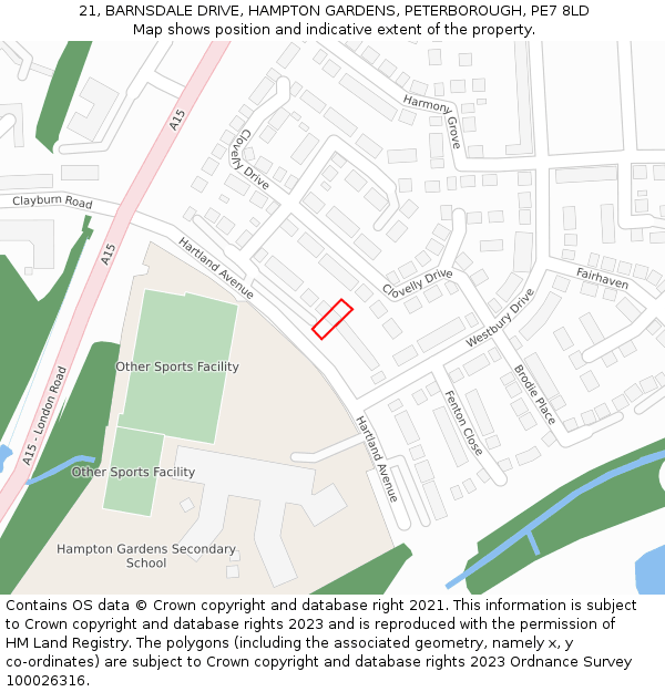 21, BARNSDALE DRIVE, HAMPTON GARDENS, PETERBOROUGH, PE7 8LD: Location map and indicative extent of plot