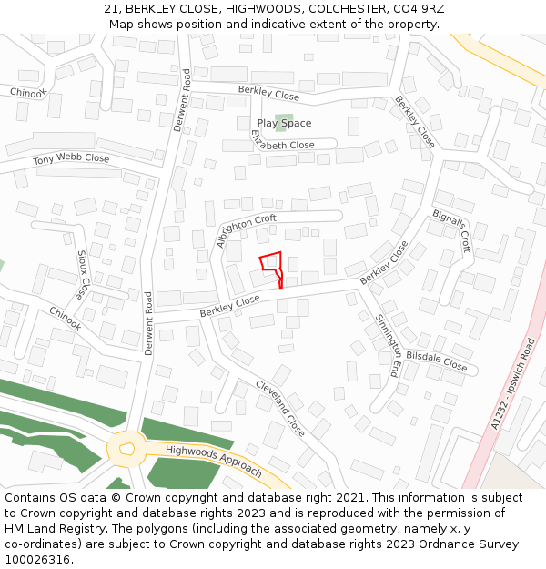 21, BERKLEY CLOSE, HIGHWOODS, COLCHESTER, CO4 9RZ: Location map and indicative extent of plot