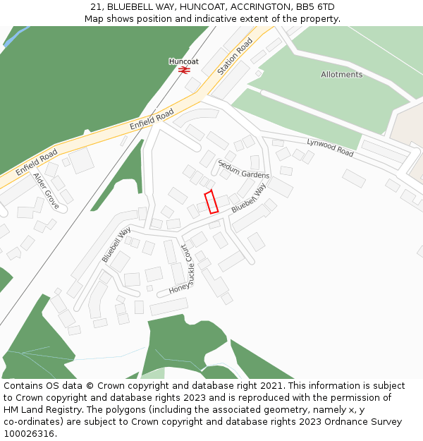 21, BLUEBELL WAY, HUNCOAT, ACCRINGTON, BB5 6TD: Location map and indicative extent of plot