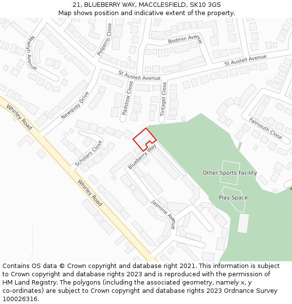 21, BLUEBERRY WAY, MACCLESFIELD, SK10 3GS: Location map and indicative extent of plot
