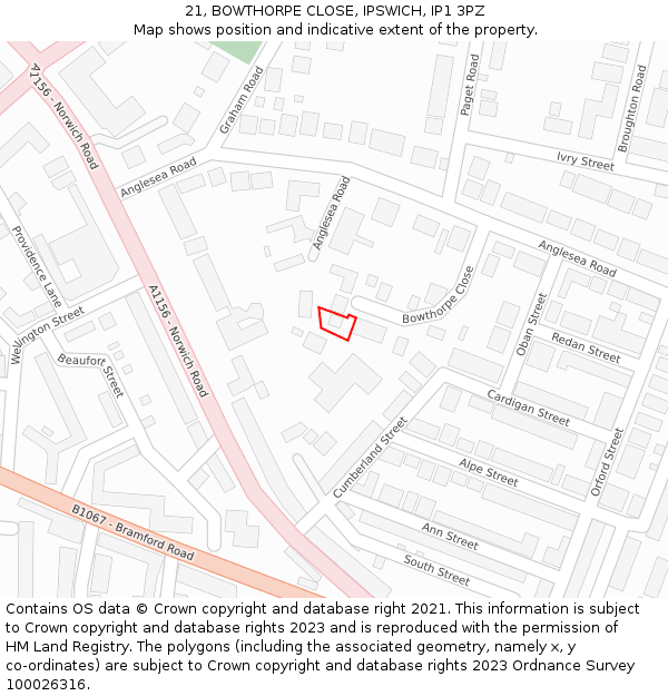 21, BOWTHORPE CLOSE, IPSWICH, IP1 3PZ: Location map and indicative extent of plot