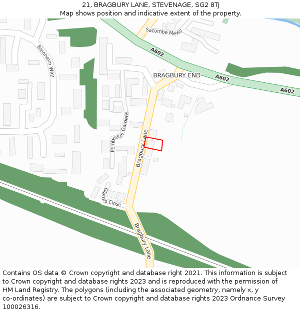 21, BRAGBURY LANE, STEVENAGE, SG2 8TJ: Location map and indicative extent of plot