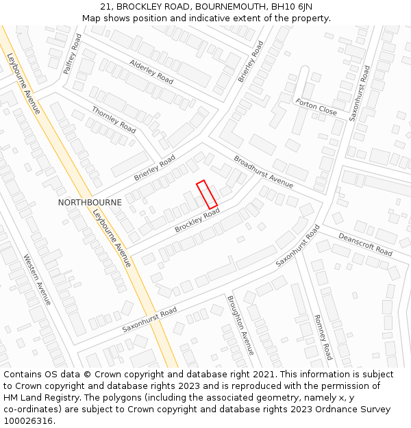 21, BROCKLEY ROAD, BOURNEMOUTH, BH10 6JN: Location map and indicative extent of plot