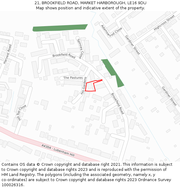 21, BROOKFIELD ROAD, MARKET HARBOROUGH, LE16 9DU: Location map and indicative extent of plot