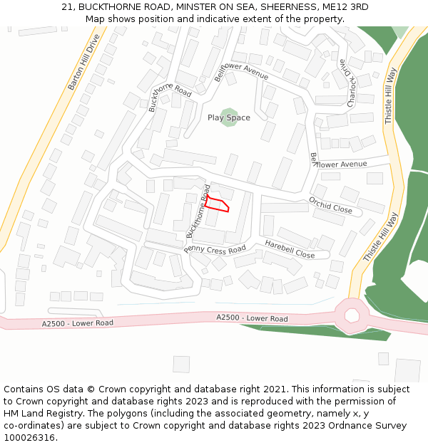 21, BUCKTHORNE ROAD, MINSTER ON SEA, SHEERNESS, ME12 3RD: Location map and indicative extent of plot