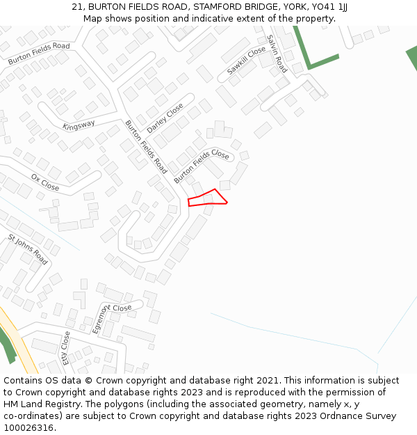 21, BURTON FIELDS ROAD, STAMFORD BRIDGE, YORK, YO41 1JJ: Location map and indicative extent of plot