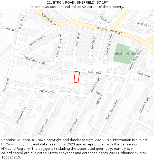 21, BYRON ROAD, SHEFFIELD, S7 1RY: Location map and indicative extent of plot