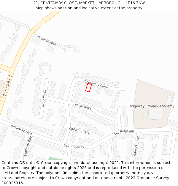 21, CENTENARY CLOSE, MARKET HARBOROUGH, LE16 7NW: Location map and indicative extent of plot